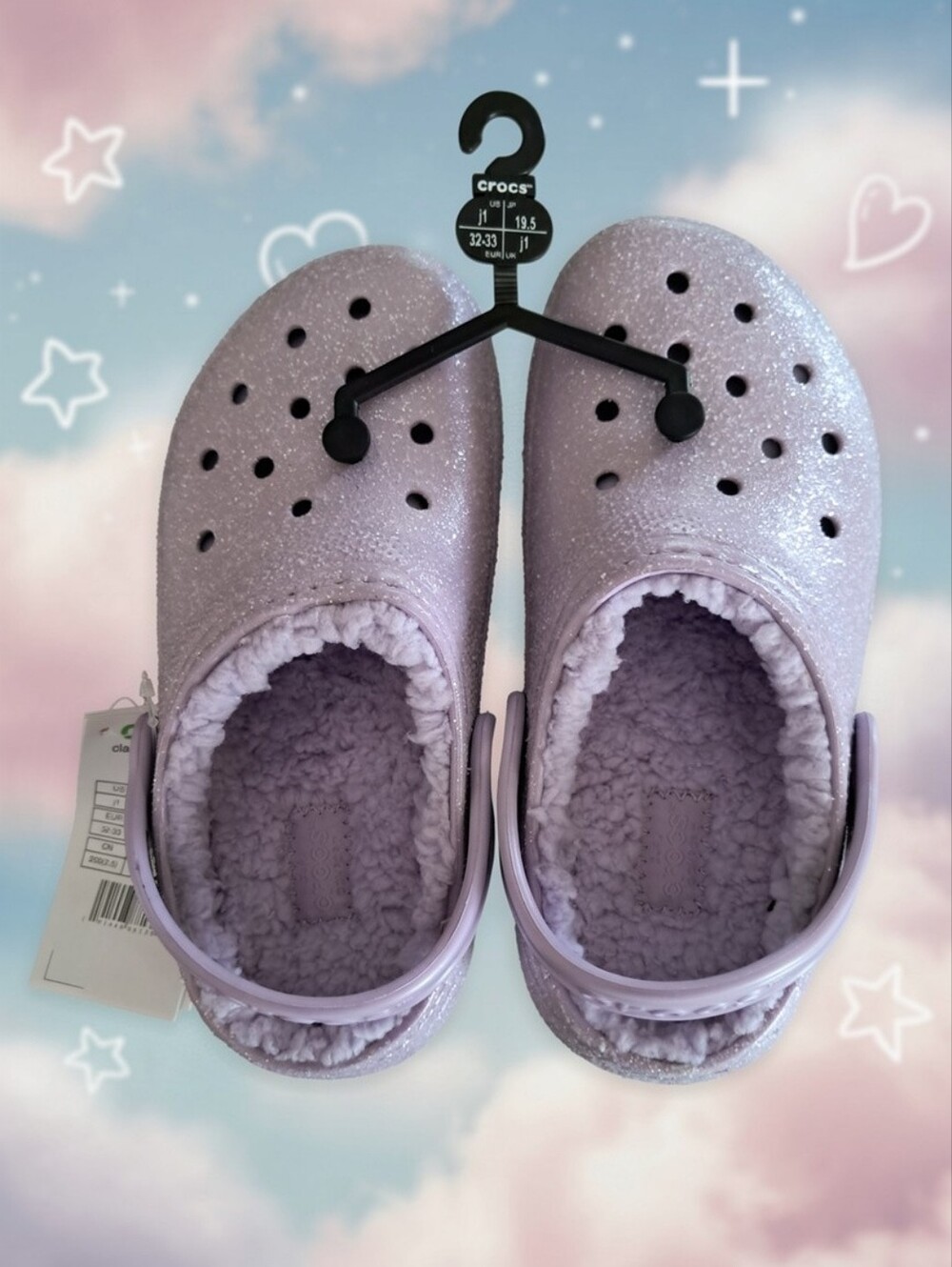 CROCS Lined Glitter Classic Kids Girls Clogs Size 1J Lavender NEW